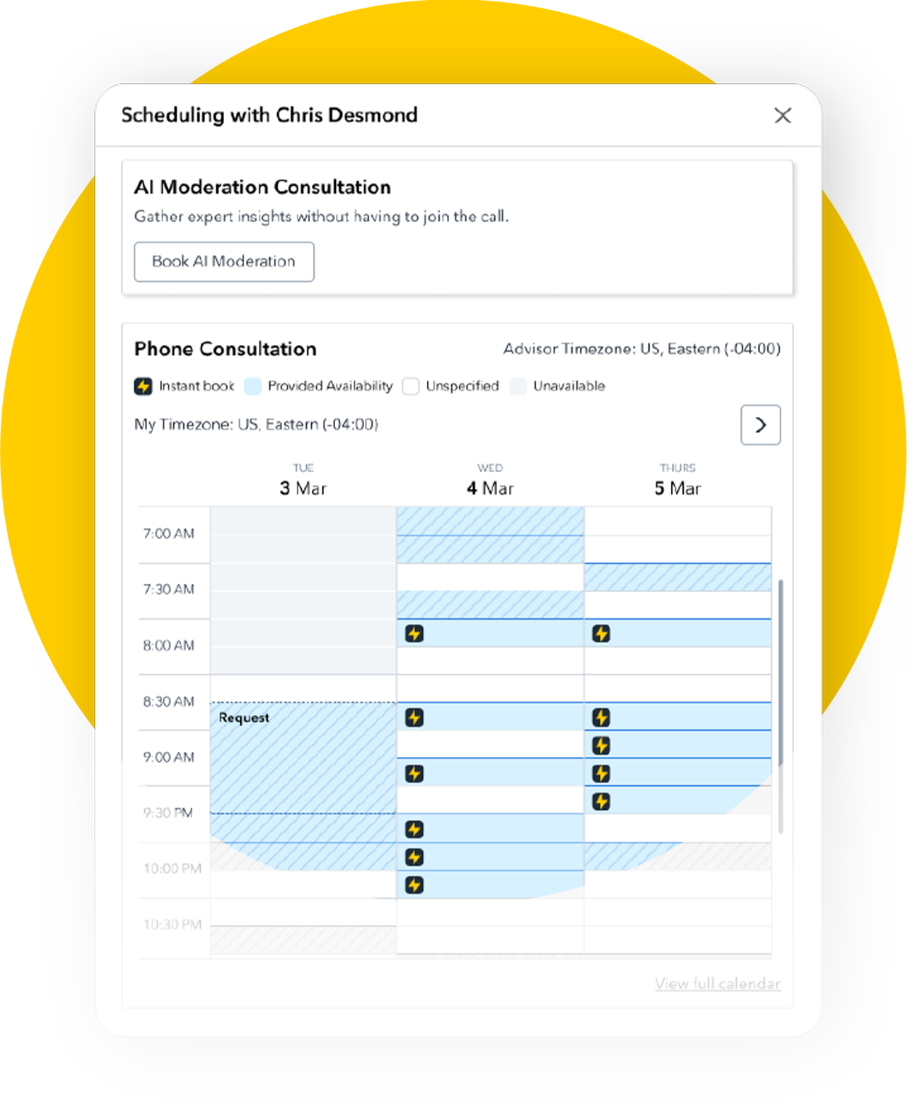 Scheduling interface showing Chris Desmond's calendar with AI Moderation and Phone Consultation availability slots